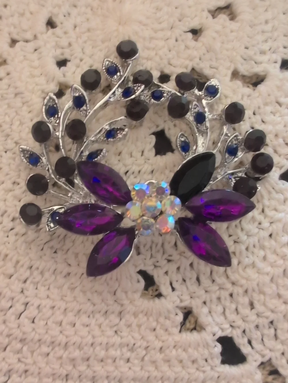 Vintage-Inspired Semi Precious & AB Crystal Estate Brooch Elegant Quiet Luxury